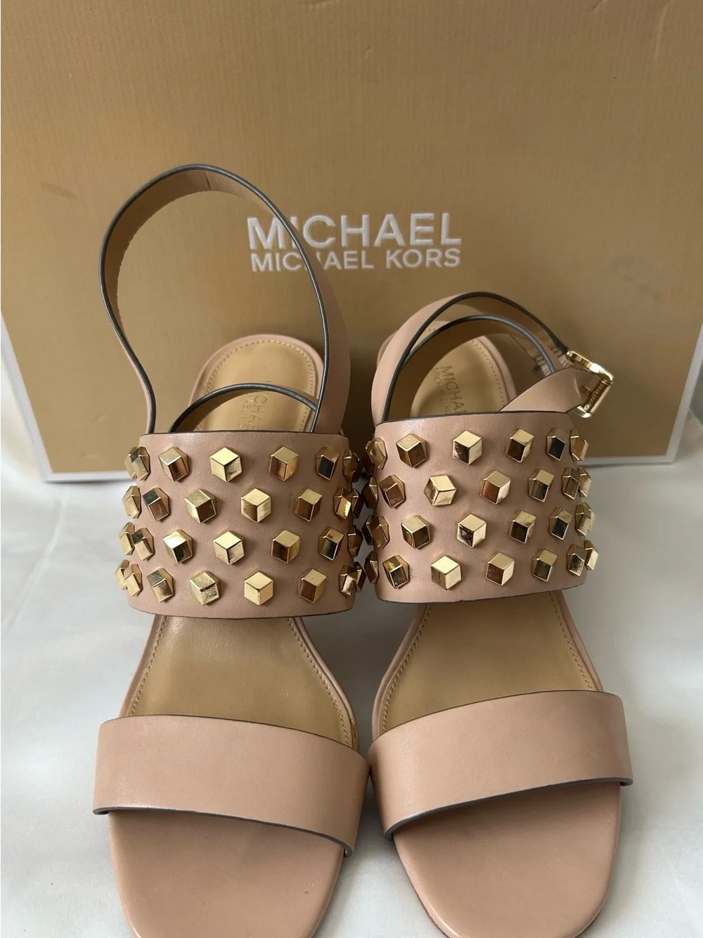🩷Michael Kors💛”Valencia”Blush Pink Leather Studded Ankle Slingback Sandals-NIB